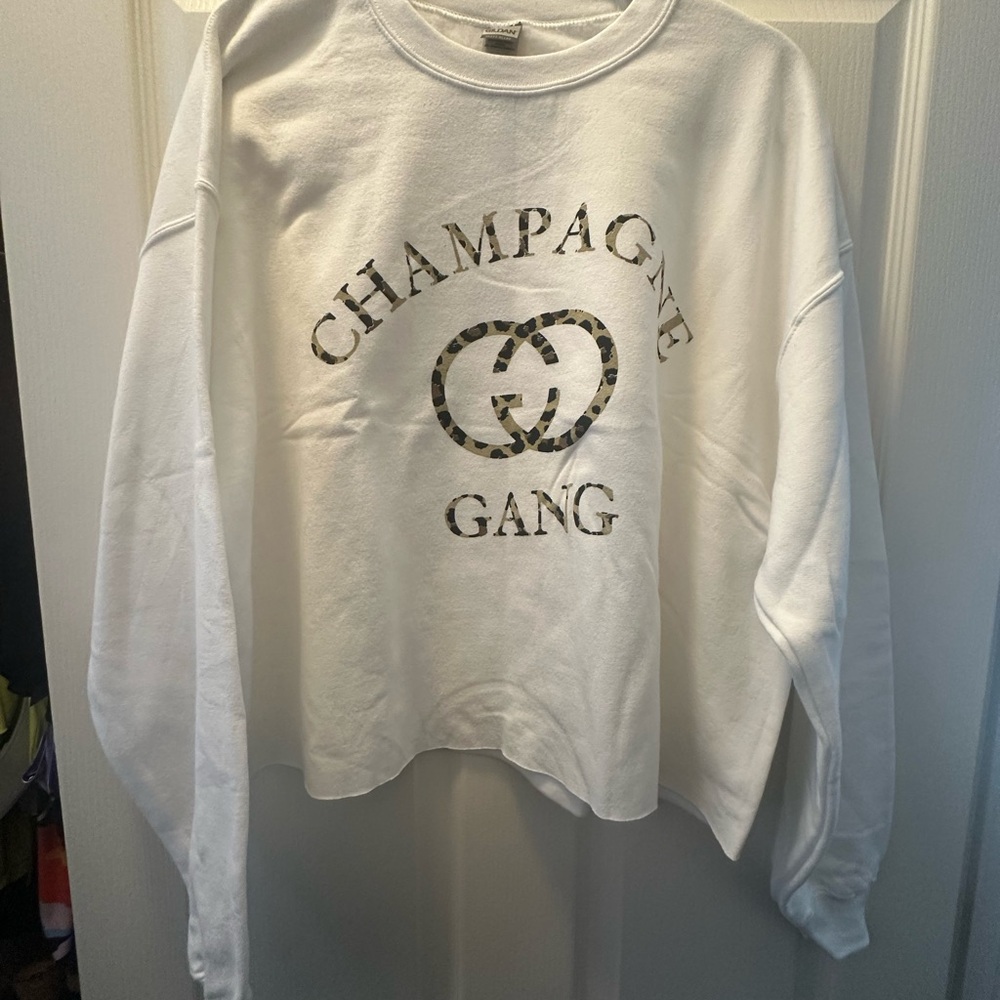 Champagne Gang White Cropped Sweatshirt - Leopard Logo